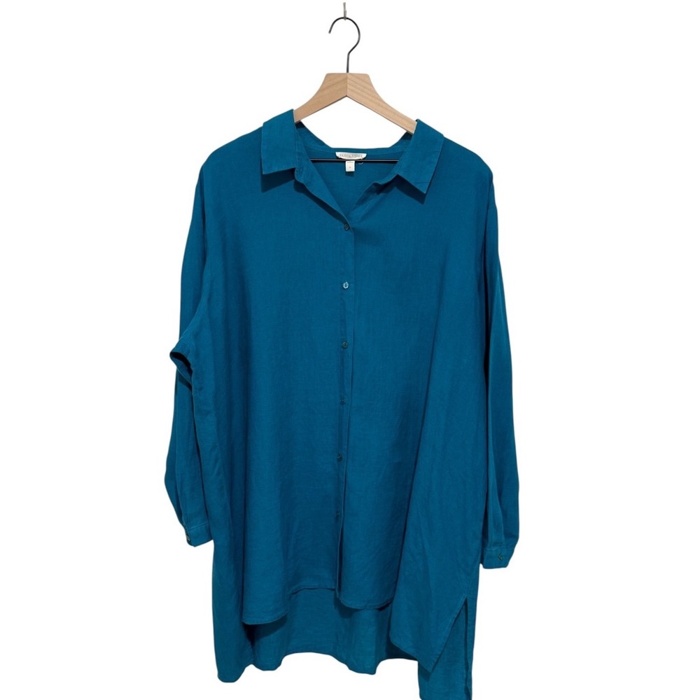 Eileen Fisher 3X Teal Organic Linen Button Front Tunic Shirt Oversized - Picture 2 of 8